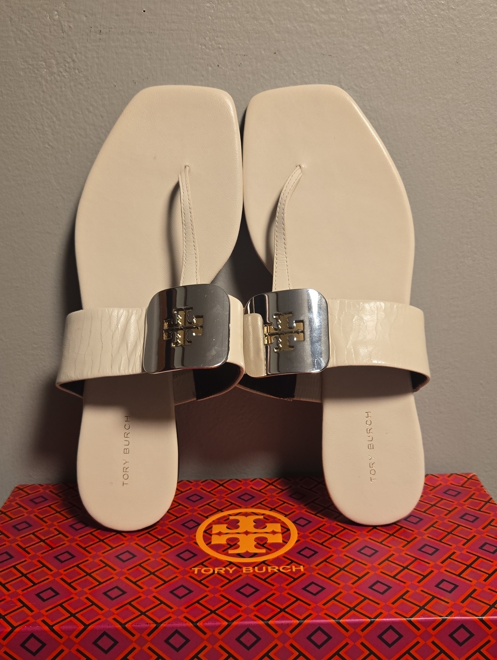 Tory Burch Ivory Leather Logo Toe-Post Sandals with Silver Hardware